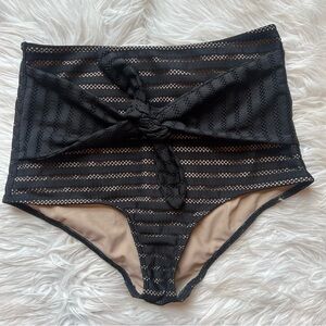 NWOT Kortni Jeane Black Lace Mesh Tie Front High Waisted Bikini Bottoms Stripes